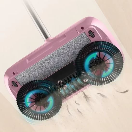 Ce balai serpillère possède une double brosse cylindrique pour un ramassage efficace